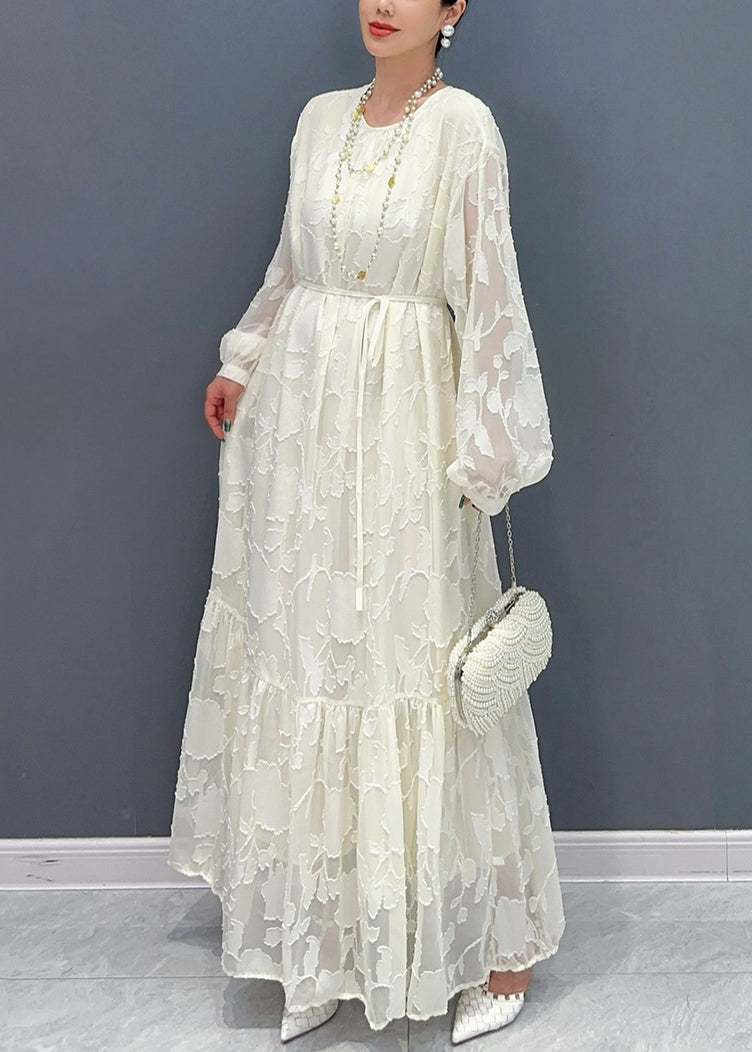 Loose White O Neck Print Tie Waist Maxi Dresses Fall Ar1036