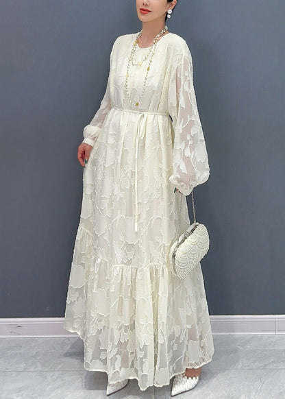 Loose White O Neck Print Tie Waist Maxi Dresses Fall Ar1036