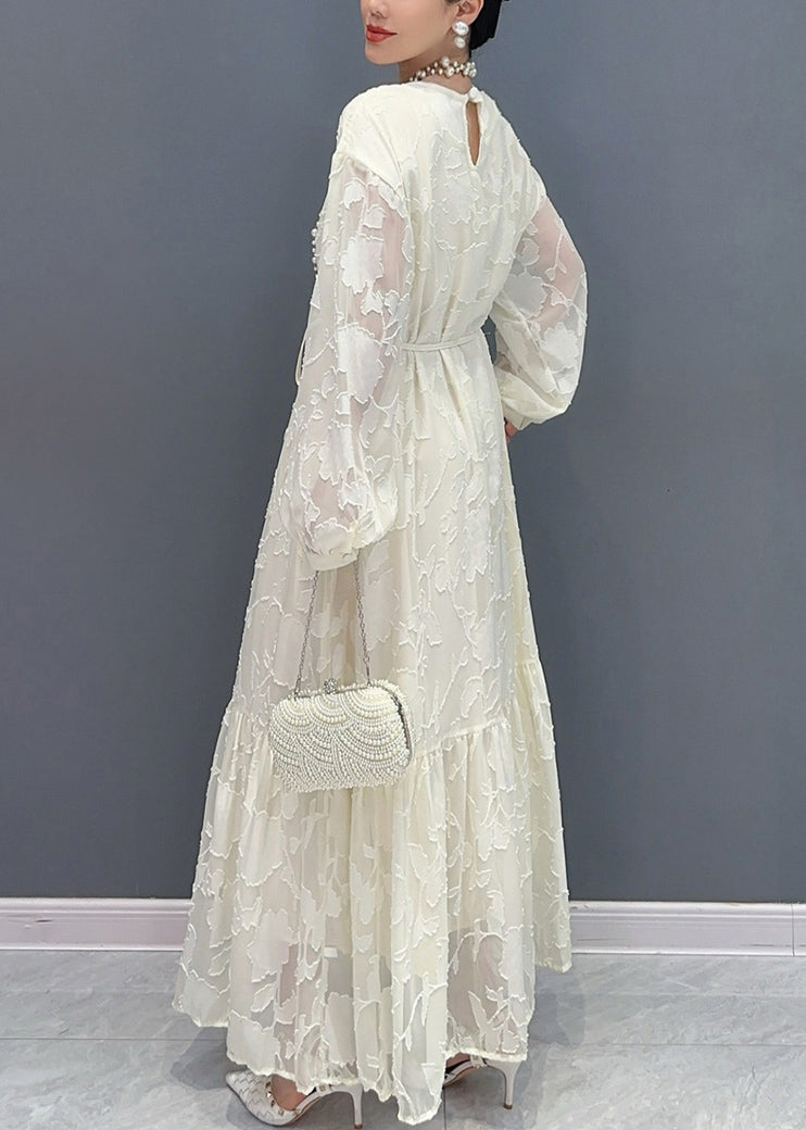 Loose White O Neck Print Tie Waist Maxi Dresses Fall Ar1036