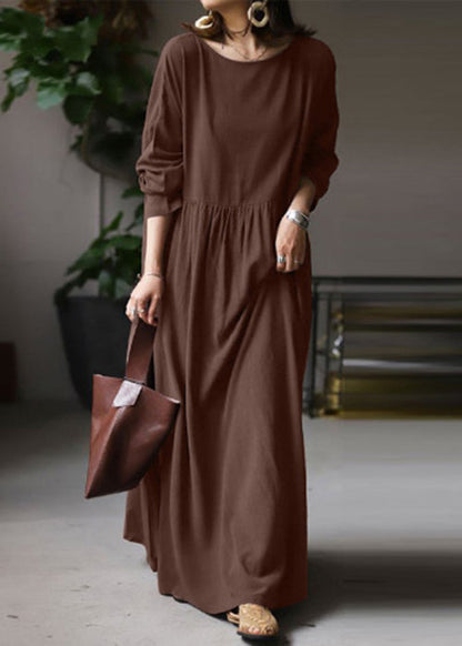 Loose White O Neck Cotton Maxi Dress Long Sleeve Ff053