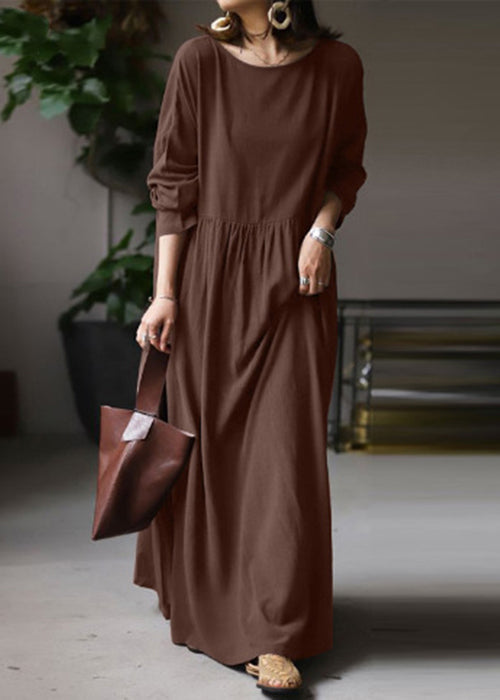 Loose White O Neck Cotton Maxi Dress Long Sleeve Ff053