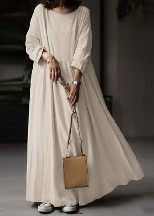 Loose White O Neck Cotton Maxi Dress Long Sleeve Ff053