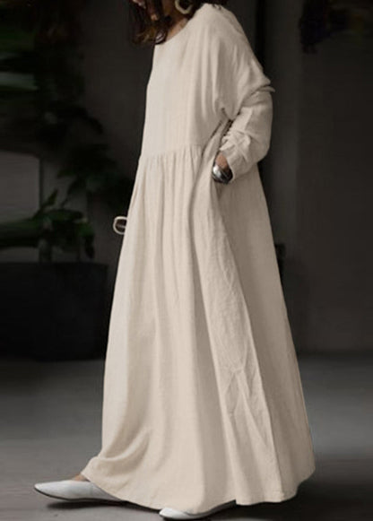 Loose White O Neck Cotton Maxi Dress Long Sleeve Ff053