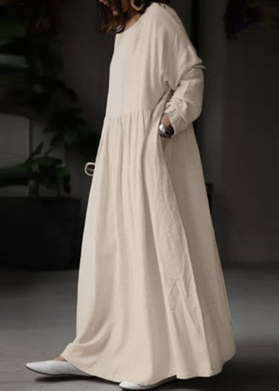 Loose White O Neck Cotton Maxi Dress Long Sleeve Ff053