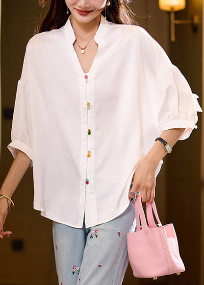 Loose White Ruffled Button Blouses Bracelet Sleeve Ac1016