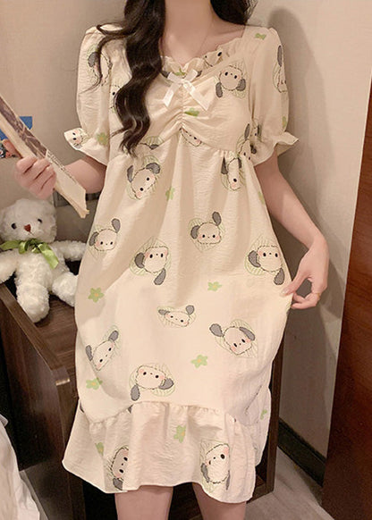 Loose White Ruffled Print Cotton Pajamas Long Dress Summer Yk024