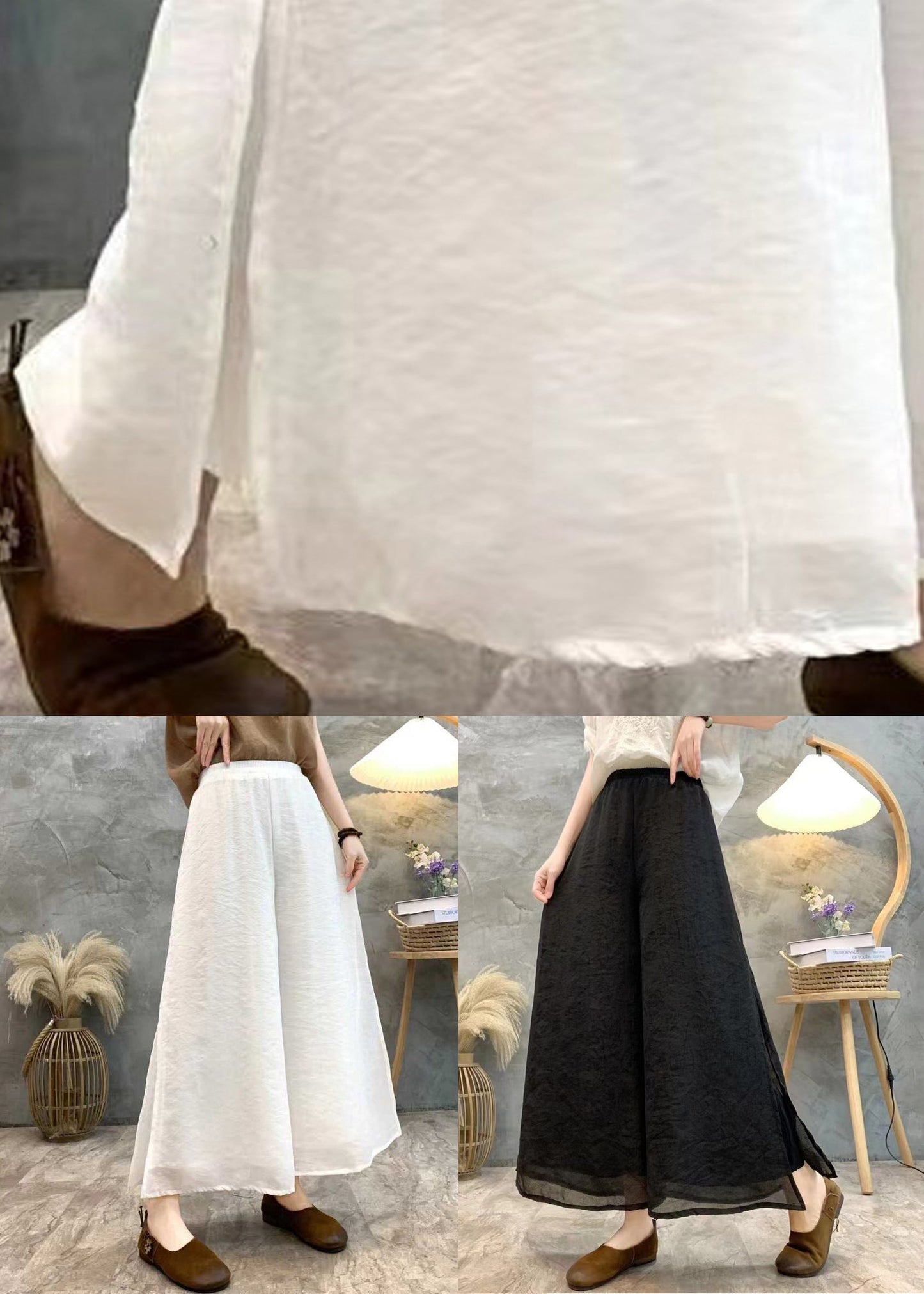 Loose White Side Open Elastic Waist Linen Crop Pants Summer Au1068