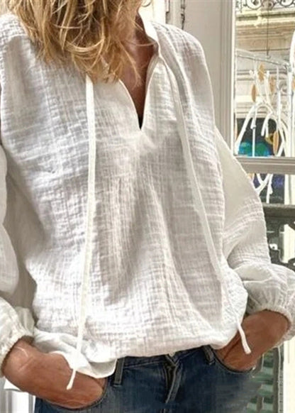 Loose White V Neck Lace Up Linen Blouses Long Sleeve Ff035