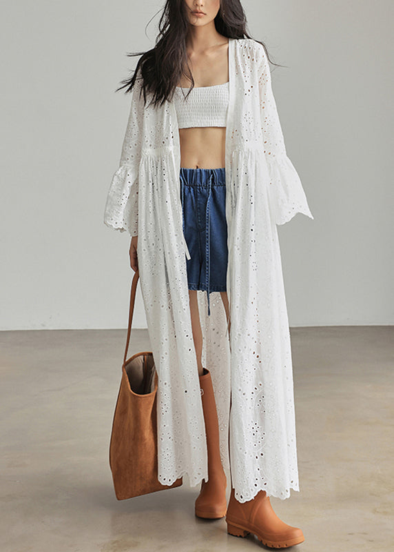 Loose White V Neck Patchwork Hollow Out Cardigans Flare Sleeve Uu1043