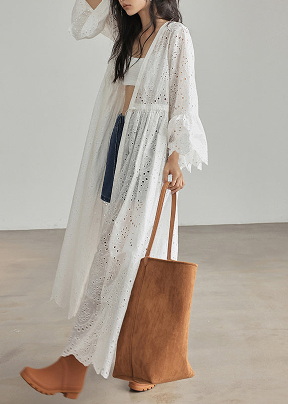 Loose White V Neck Patchwork Hollow Out Cardigans Flare Sleeve Uu1043