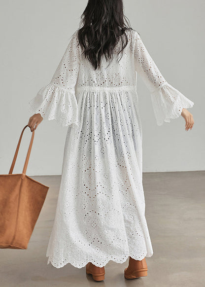 Loose White V Neck Patchwork Hollow Out Cardigans Flare Sleeve Uu1043