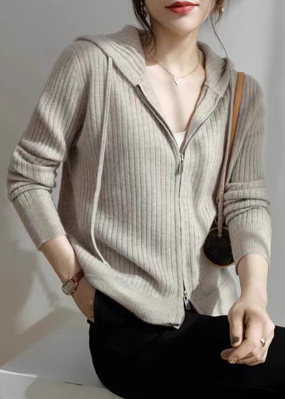 Loose White Zippered Patchwork Striped Wool Knit Hooded Cardigans Fall Qp021