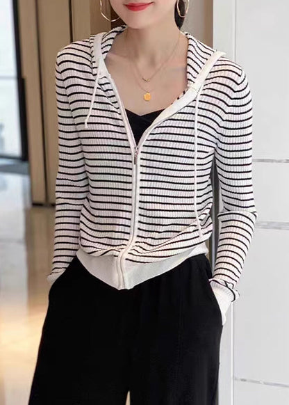 Loose White Zippered Patchwork Striped Wool Knit Hooded Cardigans Fall Qp021