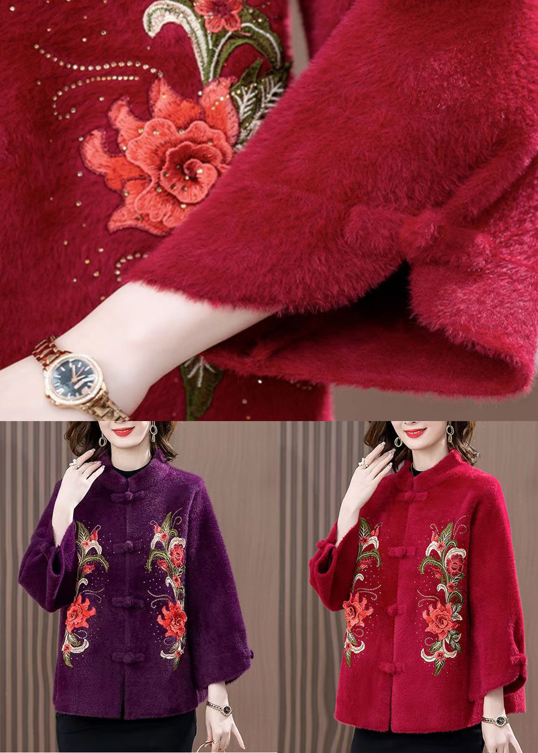Purple Zircon Embroidered Mink Velvet Spring Coat Stand Collar Rz015
