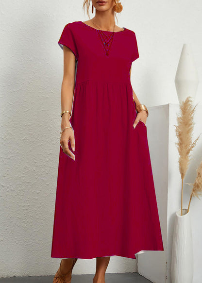 Loose Wine Red O Neck Pockets Cotton Long Dresses Summer Qe030
