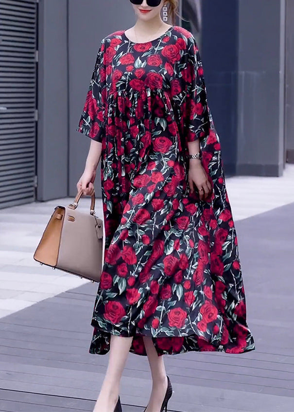 Loose Wine Red Print O Neck Silk Long Dresses Half Sleeve Op1018