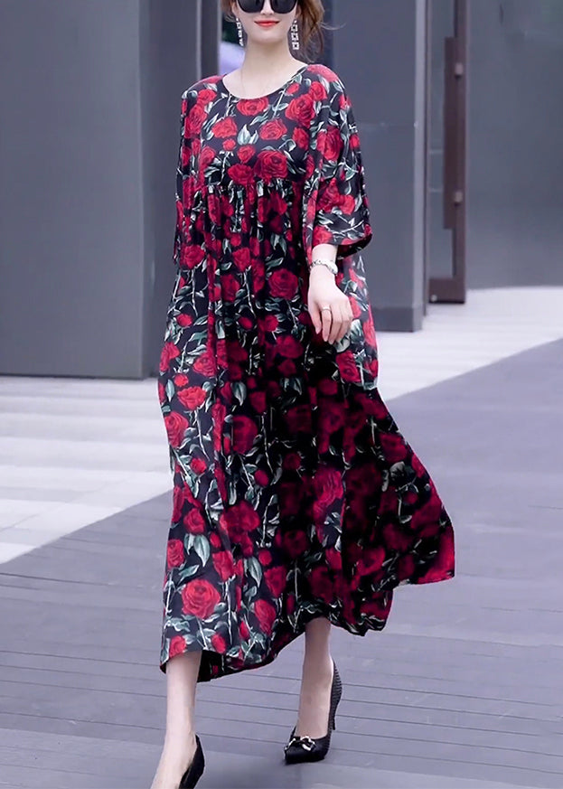Loose Wine Red Print O Neck Silk Long Dresses Half Sleeve Op1018