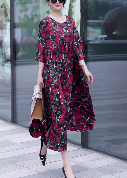 Loose Wine Red Print O Neck Silk Long Dresses Half Sleeve Op1018