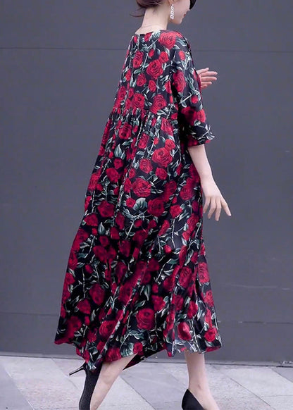 Loose Wine Red Print O Neck Silk Long Dresses Half Sleeve Op1018
