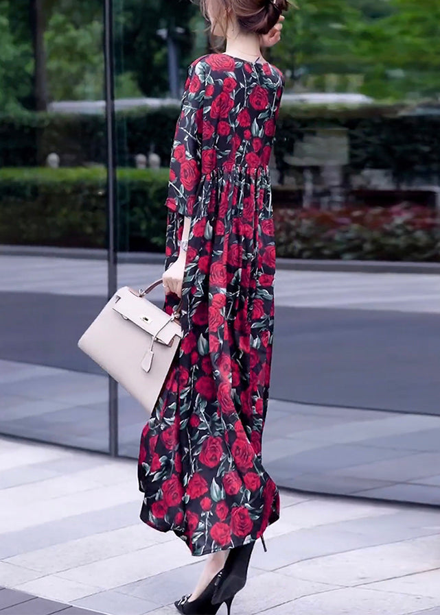 Loose Wine Red Print O Neck Silk Long Dresses Half Sleeve Op1018