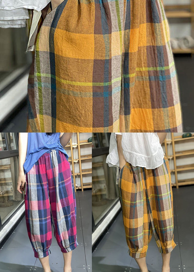 Loose Yellow Pockets Plaid Wrinkled Cotton Lantern Pants Summer Ly0604