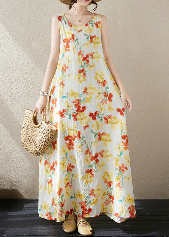 Loose Yellow Print Pockets Cotton Long Dress Sleeveless Jh037