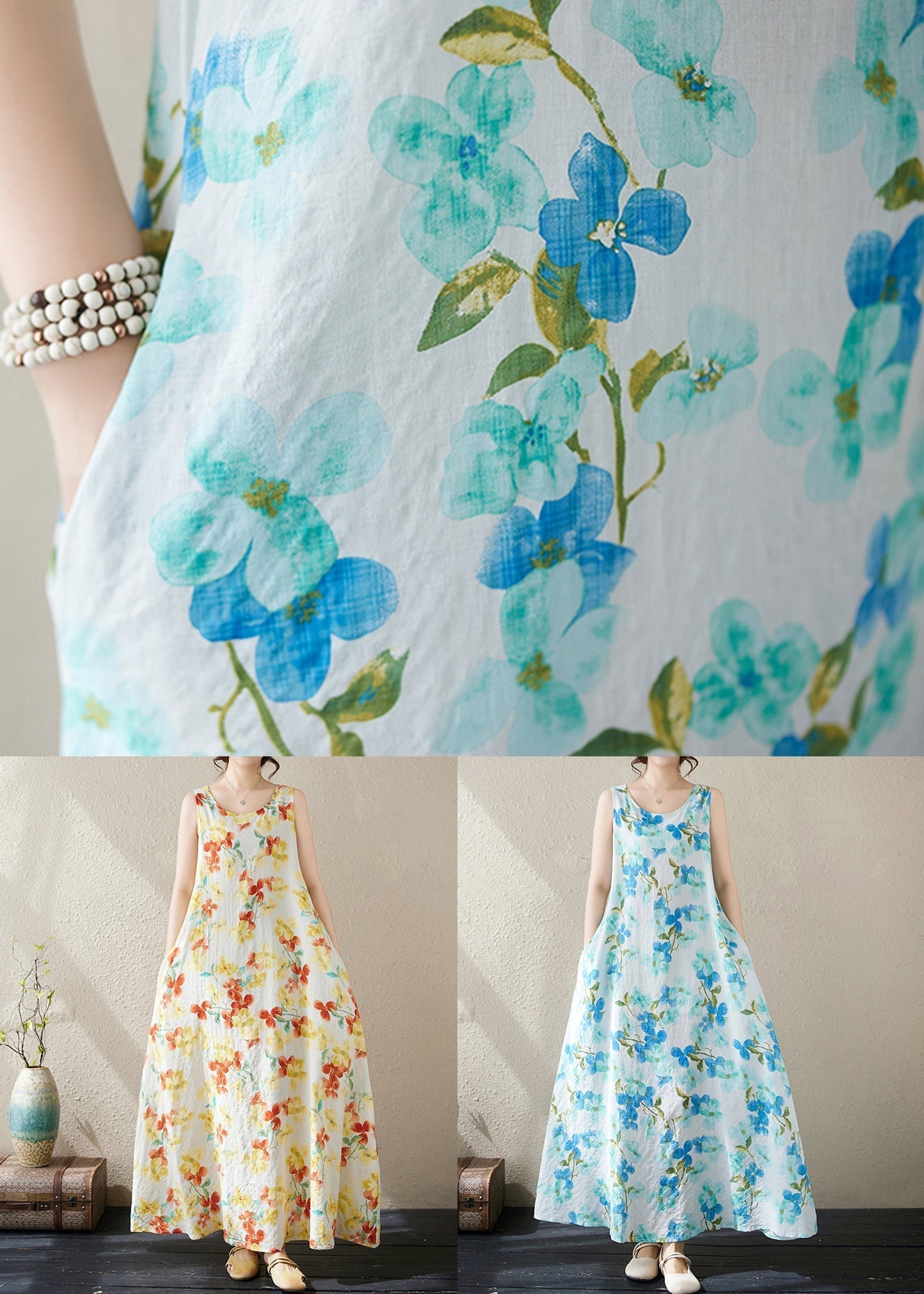 Loose Yellow Print Pockets Cotton Long Dress Sleeveless Jh037