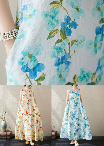 Loose Yellow Print Pockets Cotton Long Dress Sleeveless Jh037