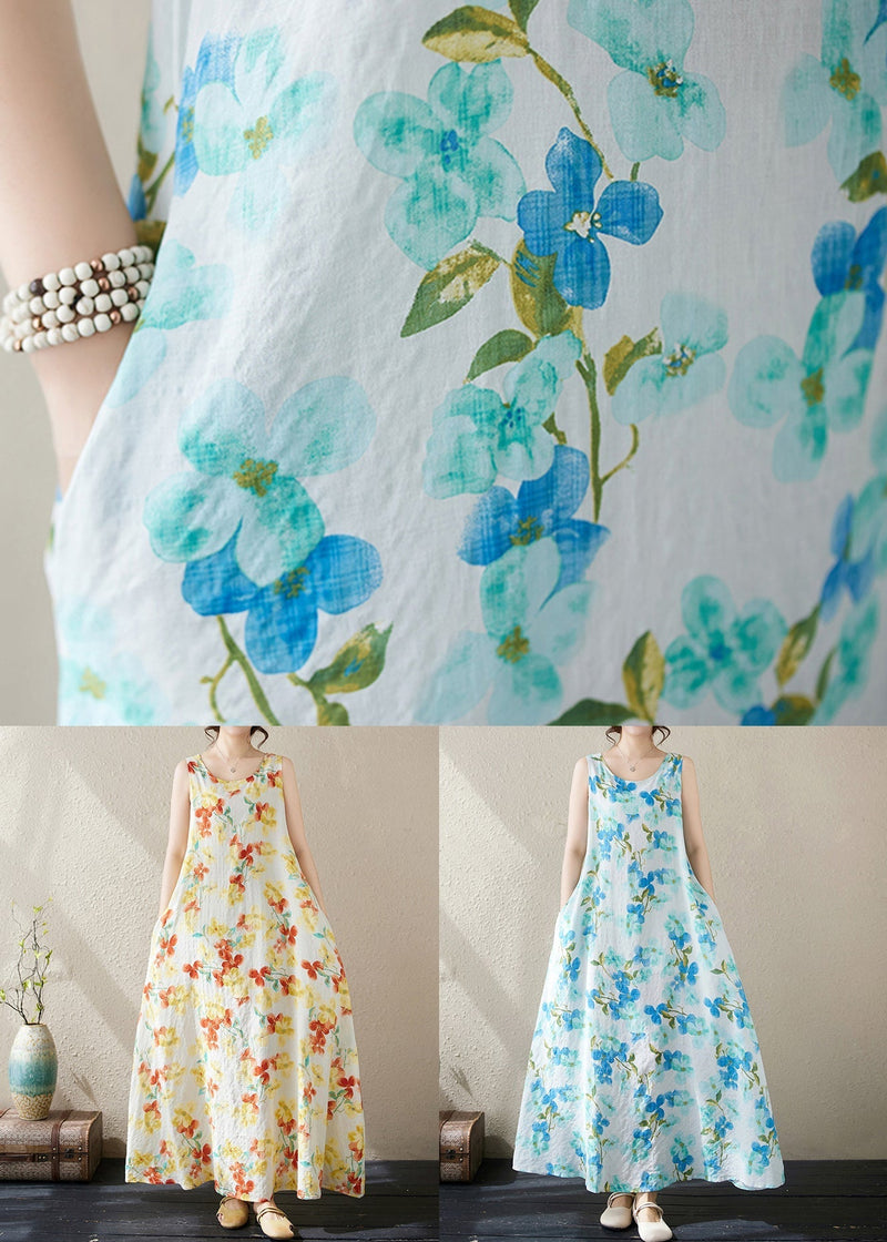 Loose Yellow Print Pockets Cotton Long Dress Sleeveless Jh037