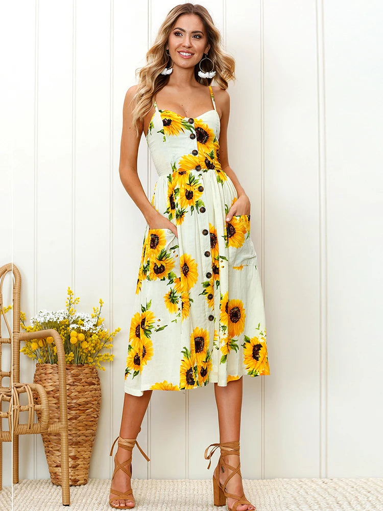 Lossky Sunflower Strapless Button Backless Clothes Midi Dresses
