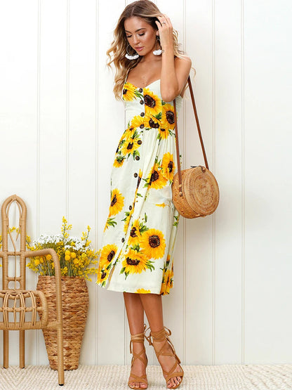 Lossky Sunflower Strapless Button Backless Clothes Midi Dresses