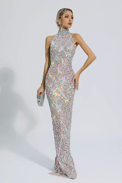 Louise Diamond Maxi Dress-silver