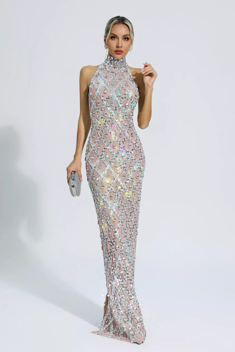 Louise Diamond Maxi Dress-silver