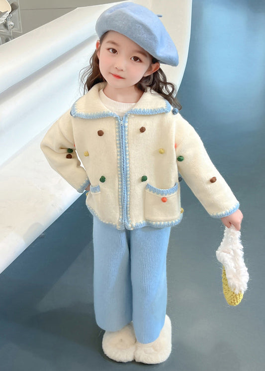 Blue Peter Pan Collar Patchwork Knitted Cotton Cardigans and Crop Pants Two Piece Set Spring Tr025