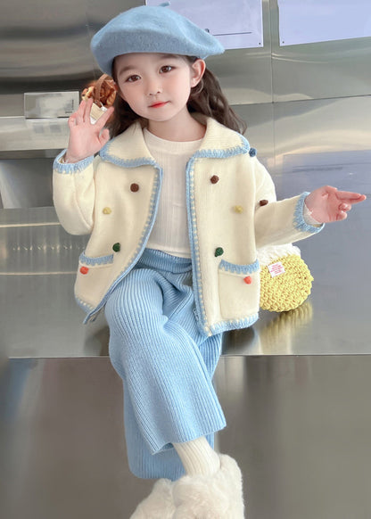 Blue Peter Pan Collar Patchwork Knitted Cotton Cardigans and Crop Pants Two Piece Set Spring Tr025
