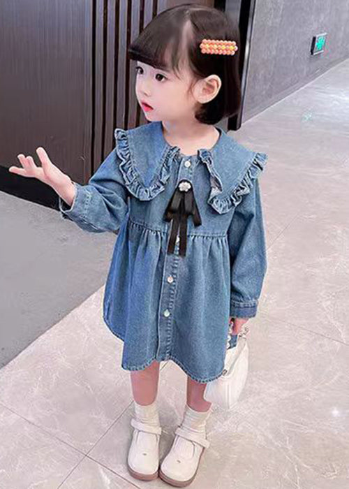 Blue Ruffled Button Shirt Long Dress Long Sleeve Xz011