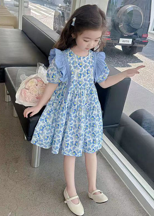 Blue Ruffled Print Cotton Long Dress Summer Tt015