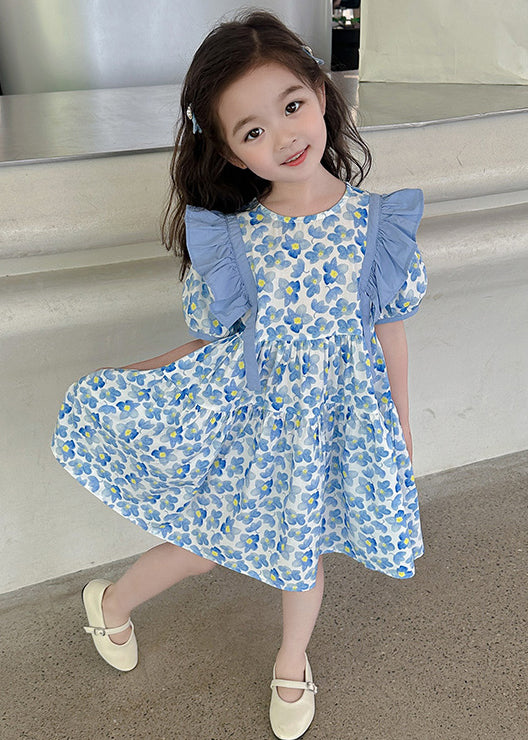 Blue Ruffled Print Cotton Long Dress Summer Tt015