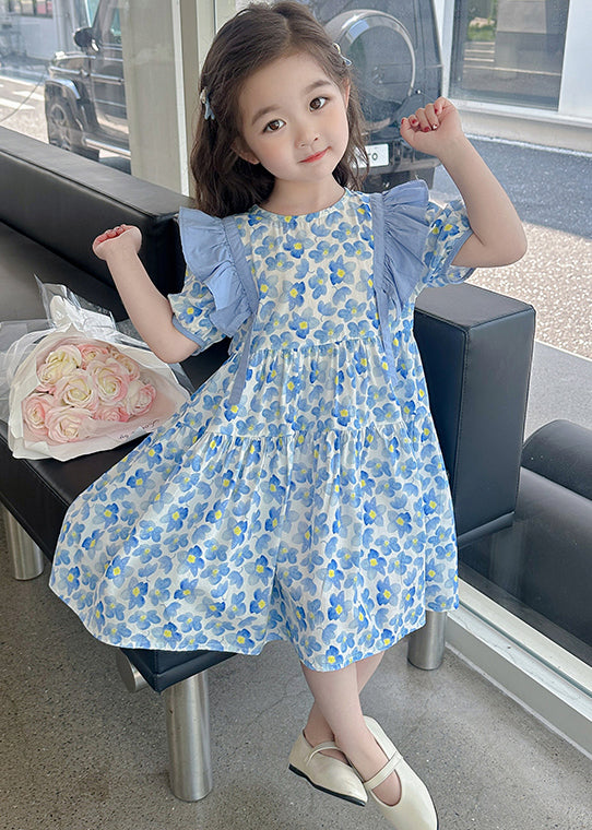 Blue Ruffled Print Cotton Long Dress Summer Tt015