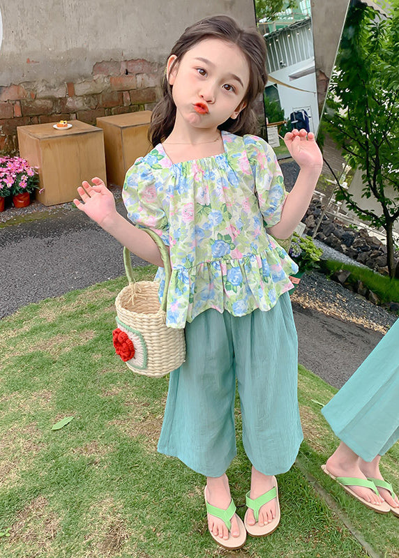 Green Square Collar Print Patchwork Kids Top and Crop Pants Two Pieces Set Summer Ss1022