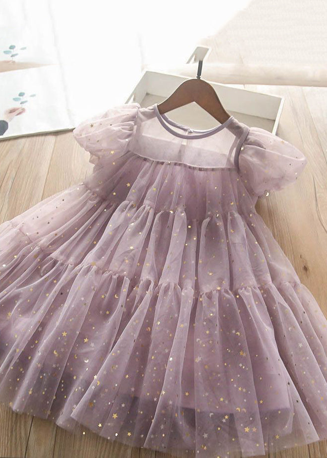 Light Green O-neck Sequins Tulle Kids Long Dress Short Sleeve Ew010