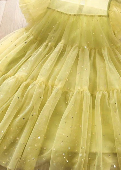 Light Green O-neck Sequins Tulle Kids Long Dress Short Sleeve Ew010