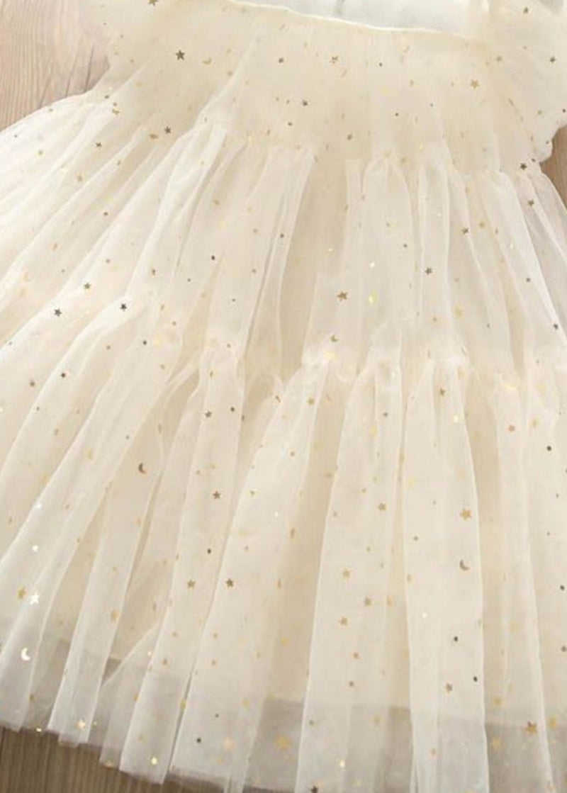 Light Green O-neck Sequins Tulle Kids Long Dress Short Sleeve Ew010