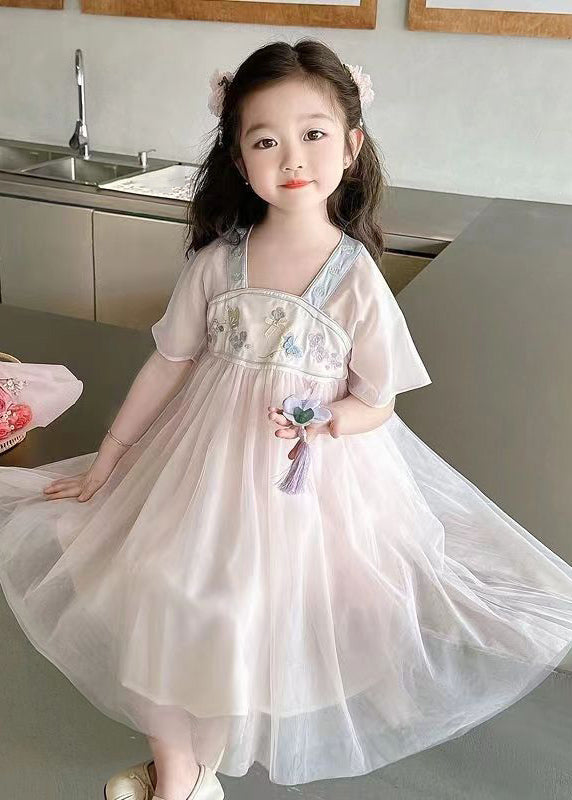 Light Pink Square Collar Embroideried Patchwork Tulle Kids Long Dresses Summer Mn011