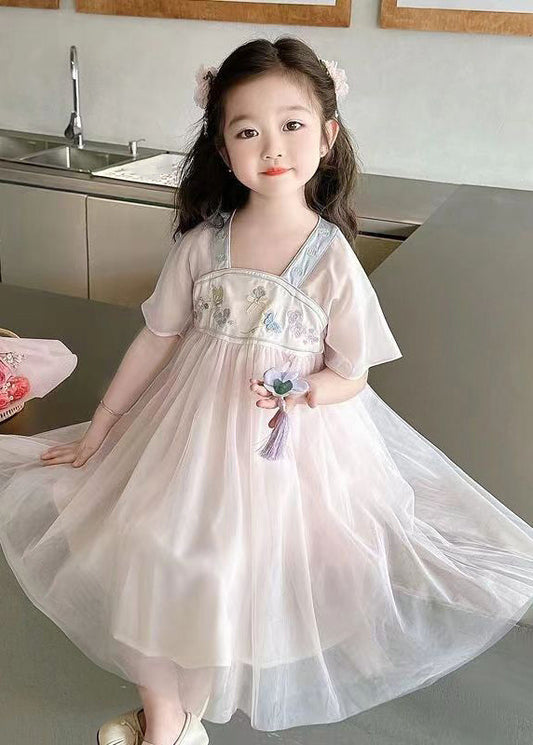 Light Pink Square Collar Embroideried Patchwork Tulle Kids Long Dresses Summer Mn011