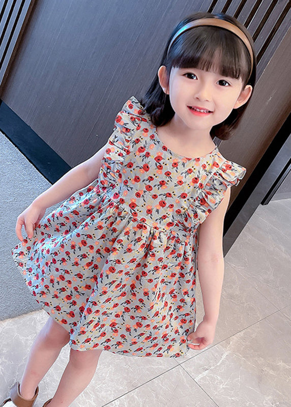 O-neck Ruffled Print Kids Maxi Dress Summer Ss1035