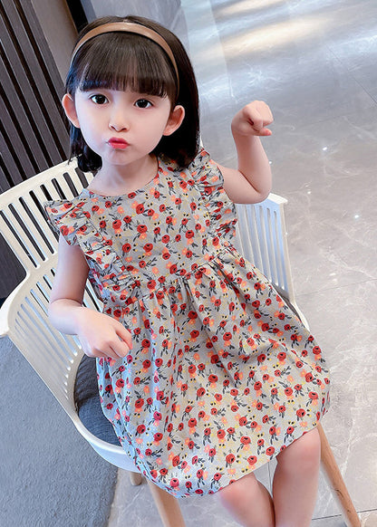 O-neck Ruffled Print Kids Maxi Dress Summer Ss1035