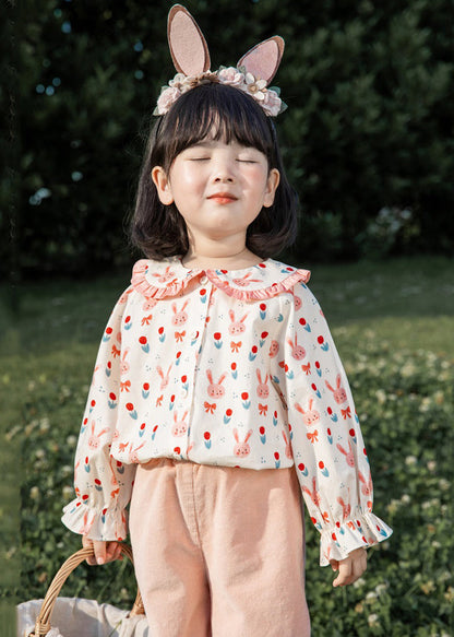 Pink Button Print Cotton Blouses Long Sleeve Yu1059
