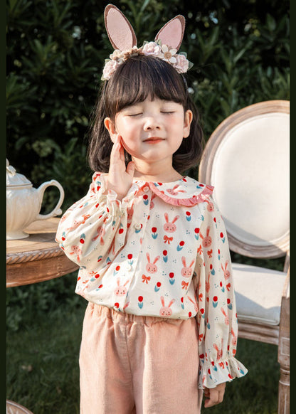 Pink Button Print Cotton Blouses Long Sleeve Yu1059