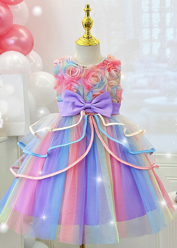 Pink O-neck Bow Tulle Maxi Dresses Summer Ye013